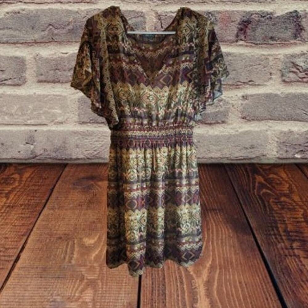 Lily Rose Large butterfly sleeves lined flowy multicolor elastic waist dress.